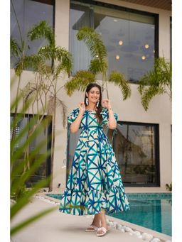 Wedani - Blue Round Neck Elegant Print Dress