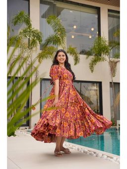 Wedani - Maroon Round Neck Elegant Floral Print Dress