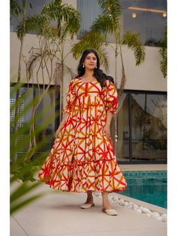 Wedani - Red Square Neck Elegant Print Dress