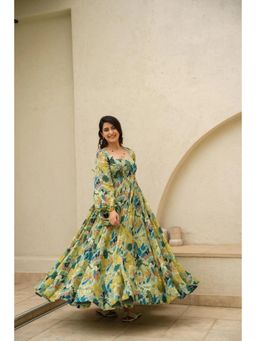 Wedani - Green Square Neck Elegant Floral Print Dress