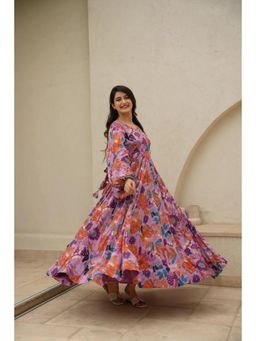 Wedani - Magenta V-Neck Elegant Floral Print Dress