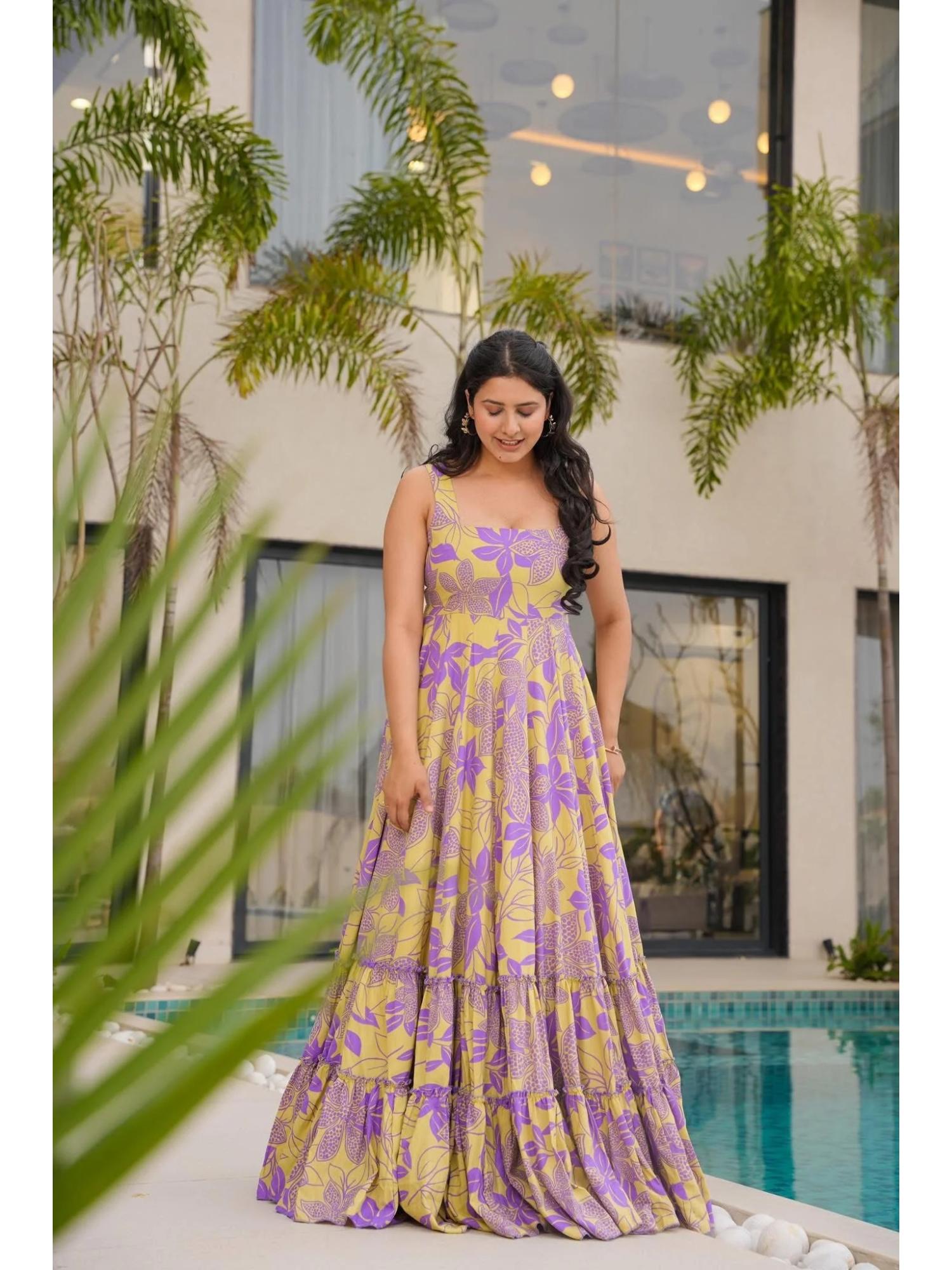 wedani Lavender Square Neck Elegant Floral Print Dress-picture-42