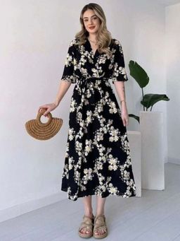 Wedani - Black V-Neck Elegant Floral Print Dress
