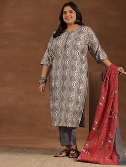 Extra love by Libas - Grey Printed Silk Blend Straight Kurta Sets for Women