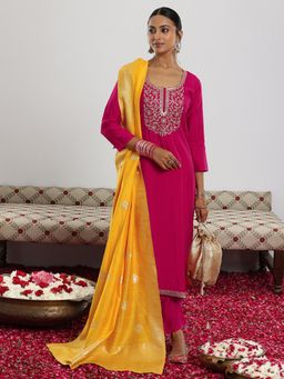 Gerua By Libas - Maroon Silk Blend Yoke Design Straight Kurta & Pant with Dupatta (Set of 3)