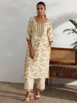 Libas - Womens Off White Floral Kurta with Pant (Set of 2)