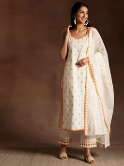Libas - Womens Beige Embroidered Kurta with Pant and Dupatta (Set of 3)