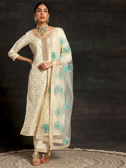 Libas - Womens Ivory Embroidered Kurta with Pant and Dupatta (Set of 3)