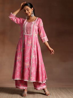 Libas - Women Pink Pure Cotton Floral Anarkali Kurta with Palazzo (Set of 2)