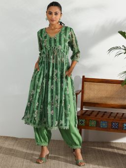 Libas - Women Green Georgette Floral Anarkali Kurta with Salwar (Set of 2)