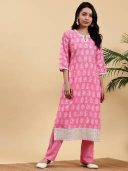 Libas - Womens Pink Embroidered Printed Kurta with Pant (Set of 2)