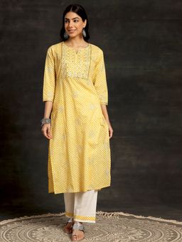 Libas - Womens Yellow Printed Mirror Work Kurta with Pant (Set of 2)