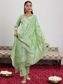 Libas - Women Green Cotton Blend Embroidered Kurta with Pant and Dupatta (Set of 3)