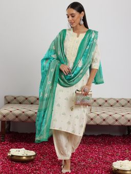 Libas - Women White Silk Blend Printed Kurta with Salwar and Dupatta (Set of 3)