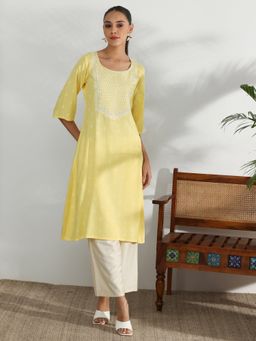 Libas - Yellow Floral Yoke Embroidered Woven Design Straight Kurta