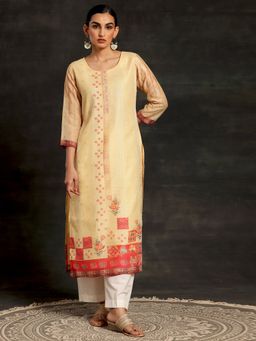 Libas - Yellow Chanderi Silk Hand Work Yoke Design Kurta with Lining