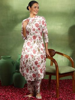 Libas - White Floral Printed Straight Long Tunic with Floral Printed Trouser (Set of 2)