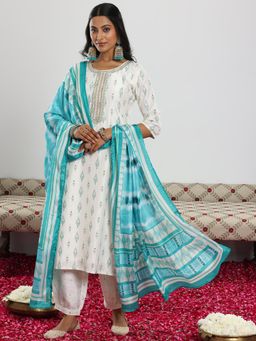 Libas - Off White Printed Silk Blend Kurta with Salwar & Dupatta (Set of 3)