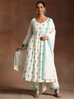 Libas - Off White Cotton Embroidered Anarkali Kurta and Pant & Dupatta (Set of 3)
