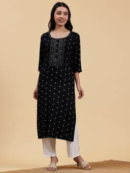 Libas - Women Black Woven Design Cotton Blend Embroidered Yoke Kurta