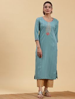 Libas - Blue Embroidered Zari Yoke Design Jacquard Weave Kurta