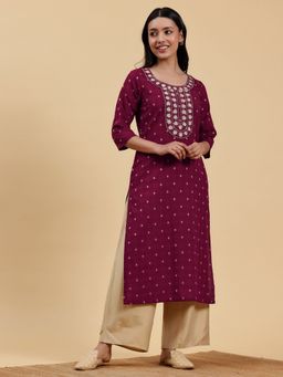 Libas - Women Maroon Floral Yoke Embroidered Kurta