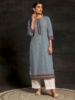 Libas - Grey Crepe Floral Printed Straight Kurta