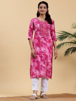 Libas - Pink Silk Blend Embroidered Straight Kurta with One Side Pocket