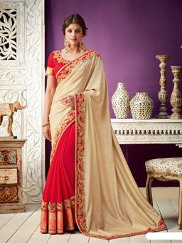Odette - Beige Red Silk Georgette Designer Saree with Unstitched Blouse