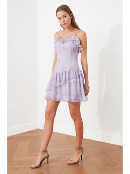 Trendyol - Lilac Floral Frill Detail Mini Dress (UK 12)