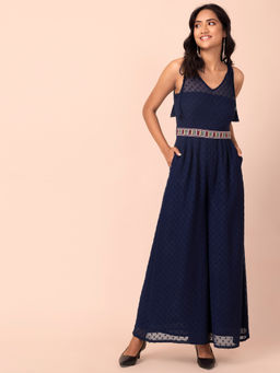 Indya - Navy Tie-shoulder Belted Jumpsuit