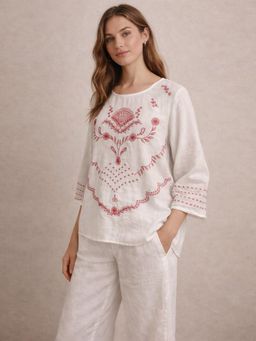 Scoup - Thread Embroidered Cotton White Top