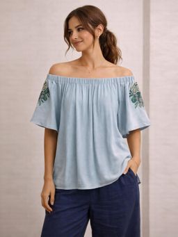 Scoup - Off shoulder Embroidered Blue Top