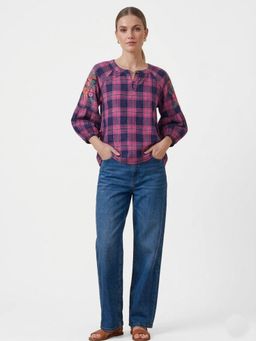 Scoup - Cotton Embroidered Check Purple Top