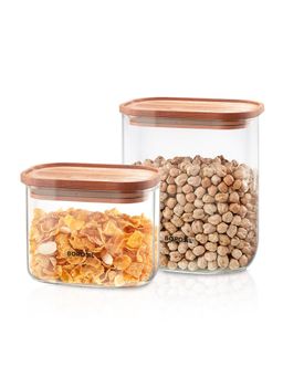 Borosil - Set Of 2 Storage Jar Set With Bamboo Lid (600Ml + 950Ml)