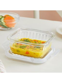 Borosil - 320 Ml Fluted Klip N Store Square Food Storage Container With Air Tight Glass Lid