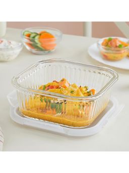 Borosil - 800 Ml Fluted Klip N Store Square Food Storage Container With Air Tight Glass Lid