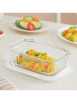 Borosil - 370 Ml Fluted Klip N Store Rectangle Food Storage Container With Air Tight Glass Lid