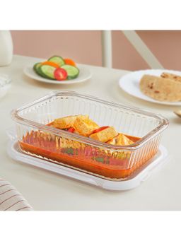 Borosil - 1.05 L Fluted Klip N Store Rectangle Food Storage Container With Air Tight Glass Lid
