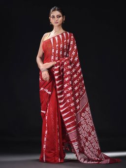 Beatitude - Red Cotton Silk Woven Jacquard Jamdani Saree with Unstitched Blouse