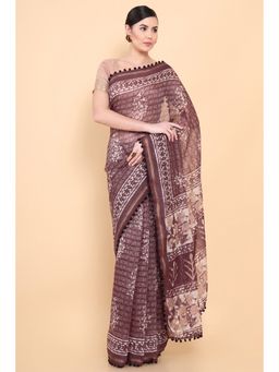Soch - Women Wine Cotton Printed Saree with Unstitched Blouse