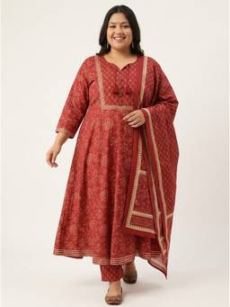 Swasti - Women Plus Size Rust Floral Anarkali Kurta with Pant and Dupatta