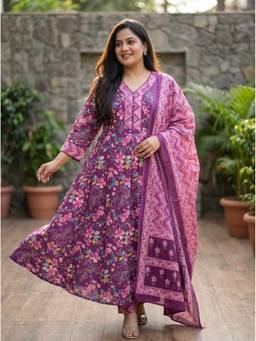 Swasti - Women Plus Size Purple Floral Anarkali Kurta with Pant and Dupatta