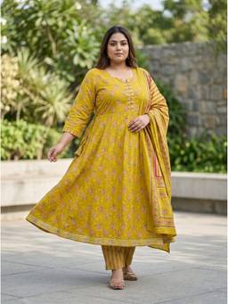 Swasti - Women's Plus Size Yellow Floral Anarkali Kurta with Pant and Dupatta