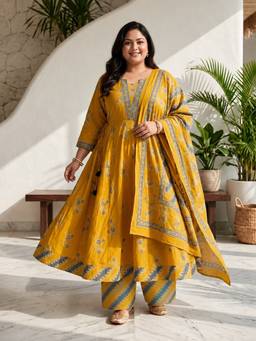Swasti - Women Plus Size Yellow Floral Anarkali Kurta with Pant and Dupatta