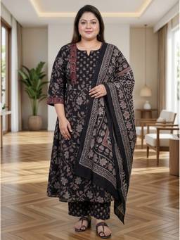 Swasti - Women Plus Size Black Floral Anarkali Kurta with Pant and Dupatta