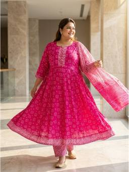 Swasti - Women Plus Size Pink Floral Anarkali Kurta with Pant and Dupatta