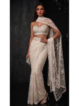HANDME - White Crystal Luxe Hand-Embroidered Saree