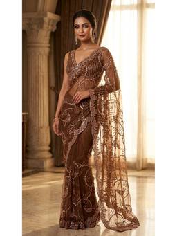 HANDME - Brown Heavy Embroidered Designer Saree