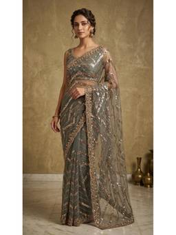 HANDME - Green Designer Net Embellished Saree